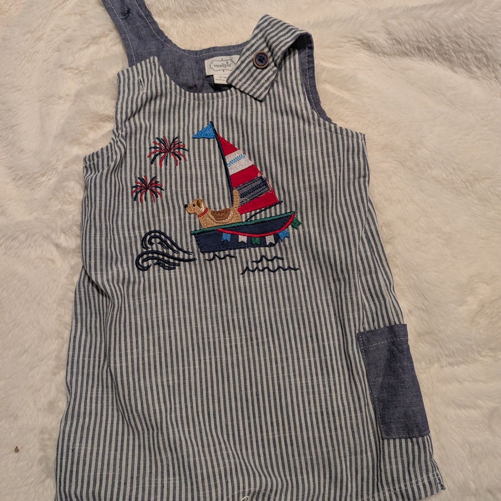 Striped Nautical Overalls with Embroidered Sailboat